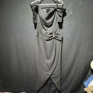 Vintage 80s ILGWU Black Off-the-Shoulder Crepe Gown with Rhinestone Bow Accent